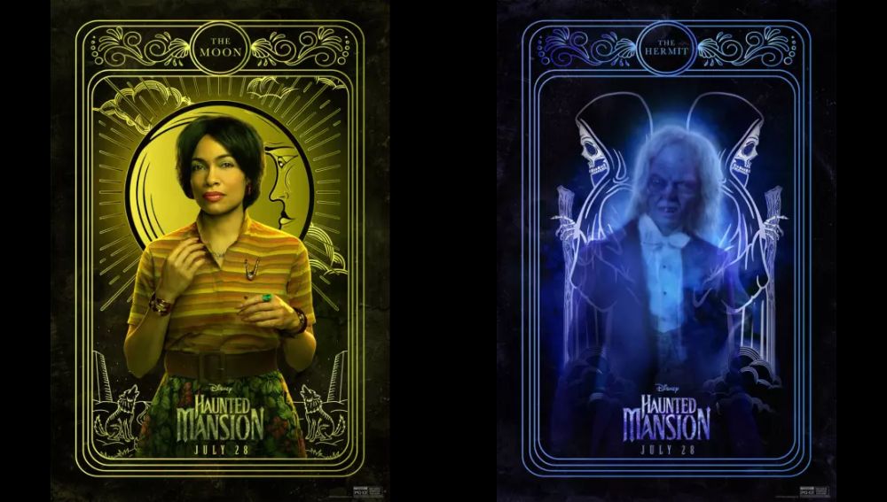 Two tarot card posters on a black background: Gabbie is on the moon card on the left side, and a ghost butler is on the hermit card on the right side. 