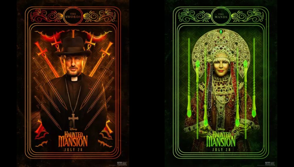 Two tarot card posters on a black background: Kent is on the 10 of swords card on the left side, and Madame Leota is on the six of wands card on the right side. 