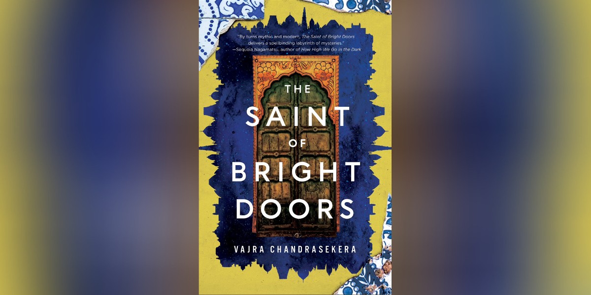 The cover of The Saint of Bright Doors has yellow and blue borders around a light brown, ornate wooden door.