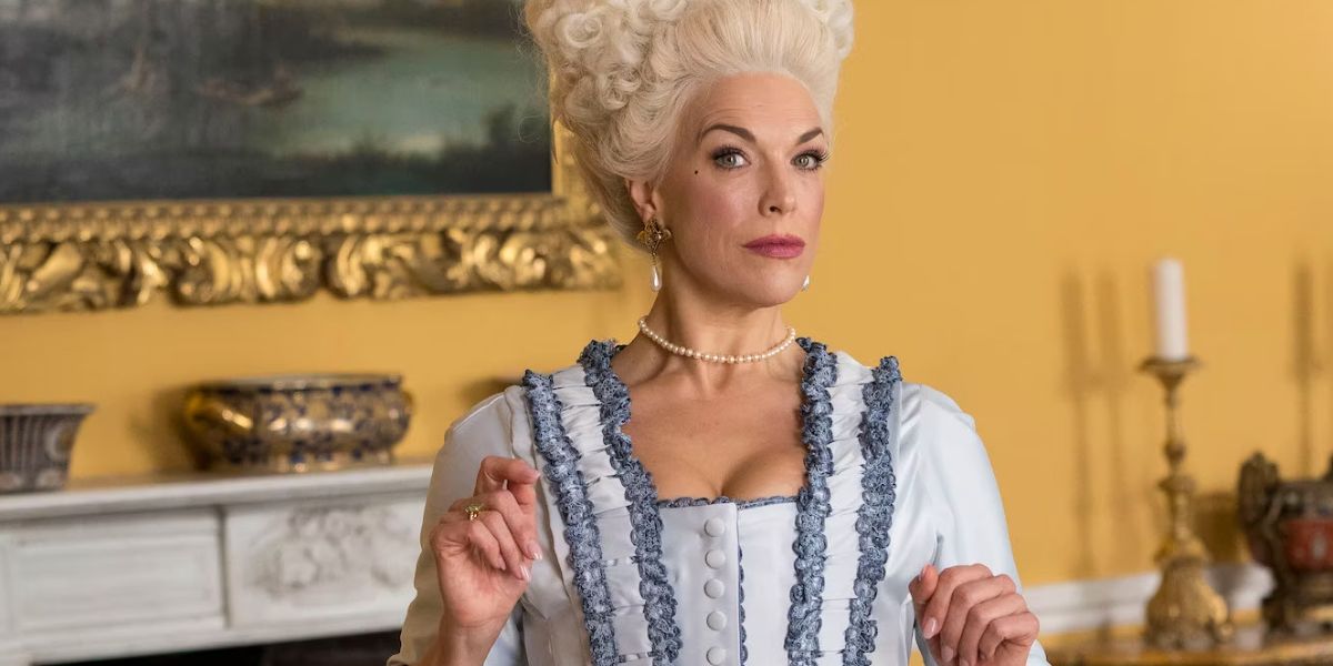 Hannah Waddingham on 'Tome Jones' wearing a tall blonde wig.