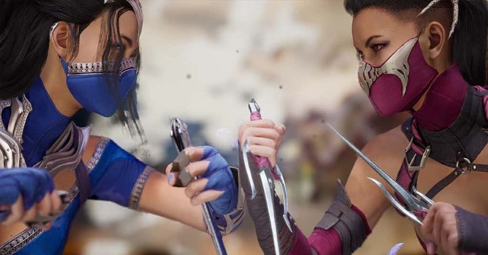 Two women face off while wearing face masks and holding tridents in Mortal Kombat.