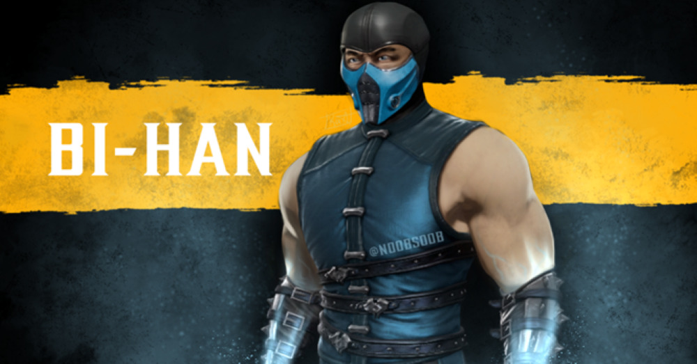 Video game character Bi-Han stands against a dark bluish gray background while wearing a face mask. 