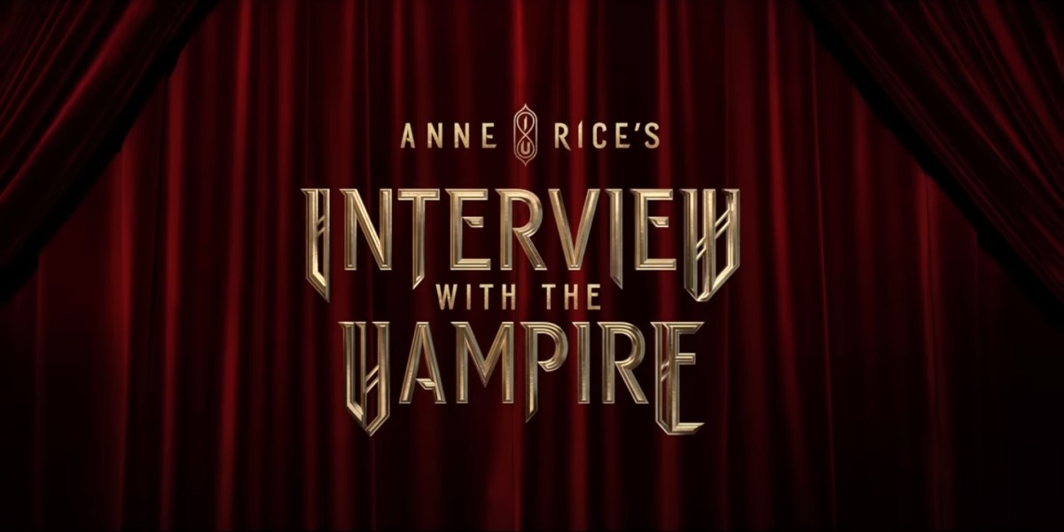 The words "Anne Rice's Interview With the Vampire" in gold, gilt font against a red theater curtain
