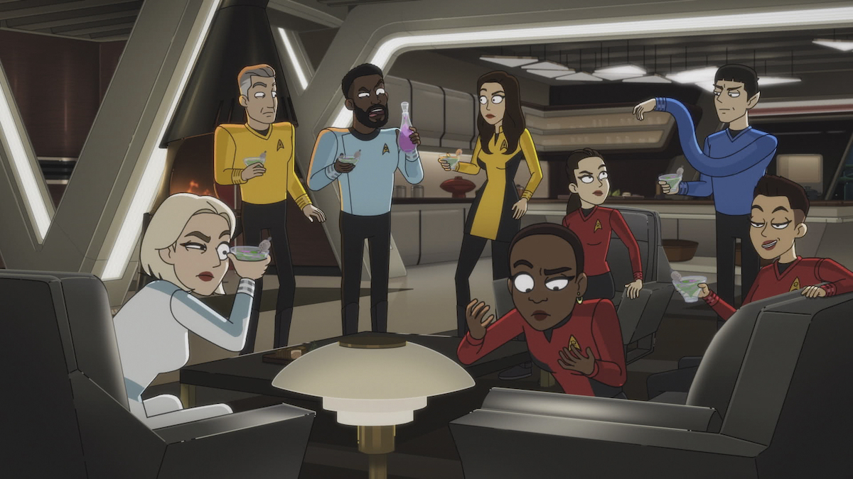 Jess Bush as Chapel, Anson Mount as Pike, Babs Olusanmokun as M'Benga, Rebecca Romijn as Una, Celia Rose Gooding as Uhura, Christina Chong as La'an, Ethan Peck as Spock and Melissa Navia as Ortegas in Pike's quarters. They are all animated in a Lower Decks style.
