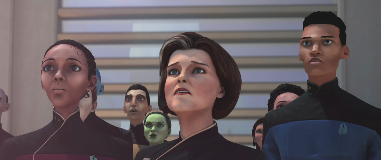 Vice Admiral Janeway (Kate Mulgrew) looks on in shock in the Prodigy season 1 finale.