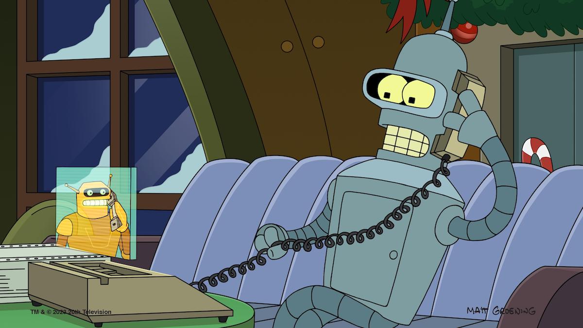 Bender (DiMaggio) calls Calculon (LaMarche) in the PlanEx Control room.