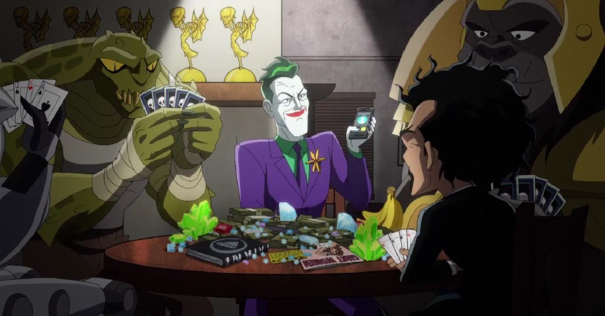 Joker, Gorilla Grodd, Dr. Psycho, Killer Croc and Metallo sit around a kitchen table under a spotlight while playing poker in Harley Quinn Season 4 Episode 7, "The Most Culturally Impactful Film Franchise of All Time."