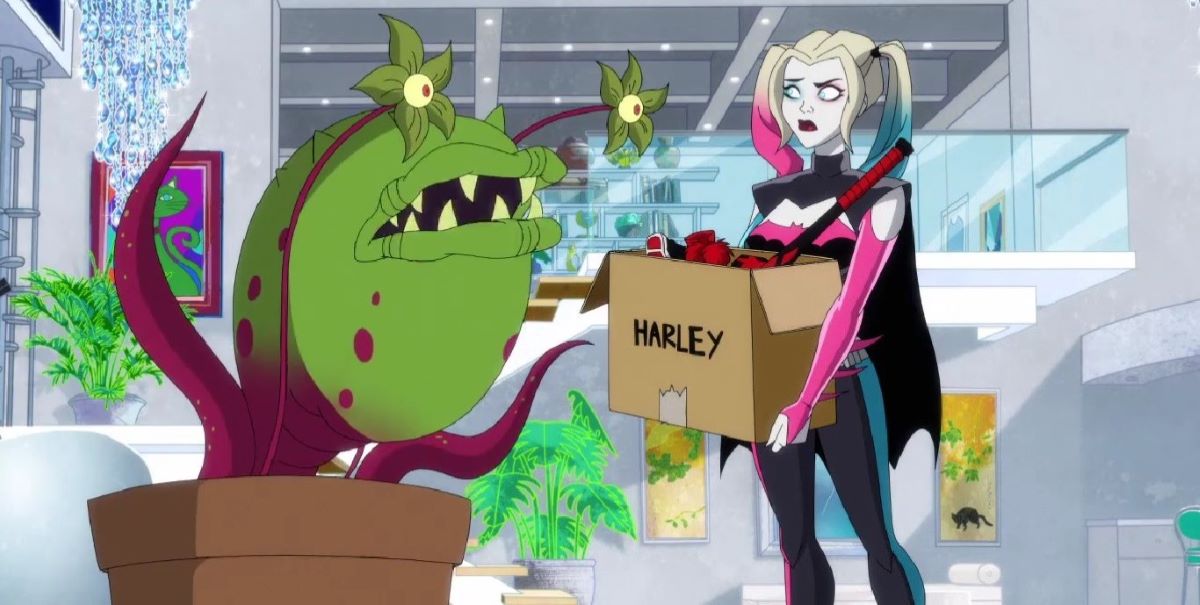 Frank the Plant chats with Harley, who holds a cardboard box with her belongings, while standing in Selina Kyle's apartment in Harley Quinn Season 4 Episode 6, "Metamorphosis."