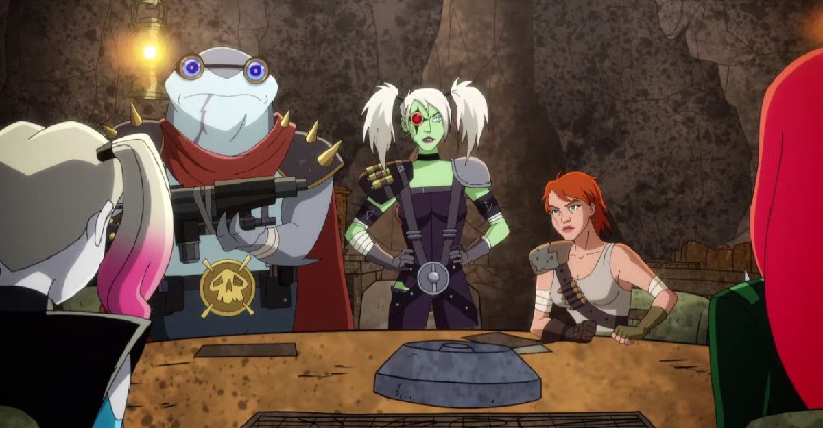King Baby, Neytiri/Princess Ladyfingers and old Cheryl stand around a table underground while wearing post-apocalyptic gear in Harley Quinn Season 4 Episode 7, "The Most Culturally Impactful Film Franchise of All Time."