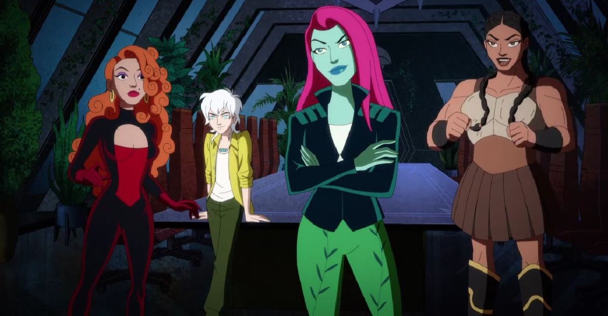 Volcana, Tefe, Ivy and Terra stand in the Legion of Doom boardroom while planning their next move in Harley Quinn Season 4 Episode 7, "The Most Culturally Impactful Film Franchise of All Time."