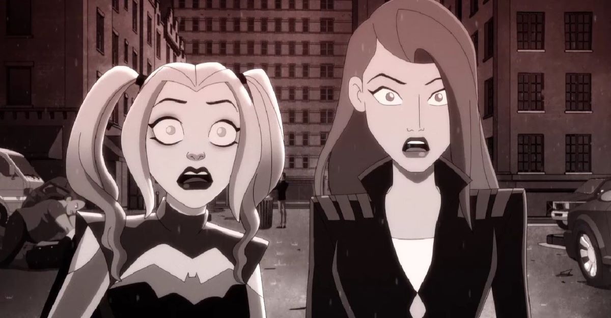 Harley and Ivy stand in the streets of Gotham while looking shocked in Harley Quinn Season 4 Episode 8, "Il Buffone."