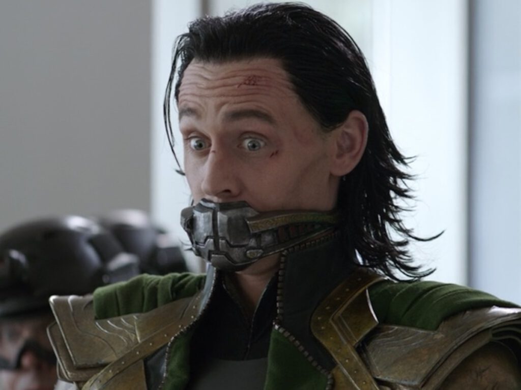 Loki (Tom Hiddleston) wearing a muzzle in Avengers: Endgame.