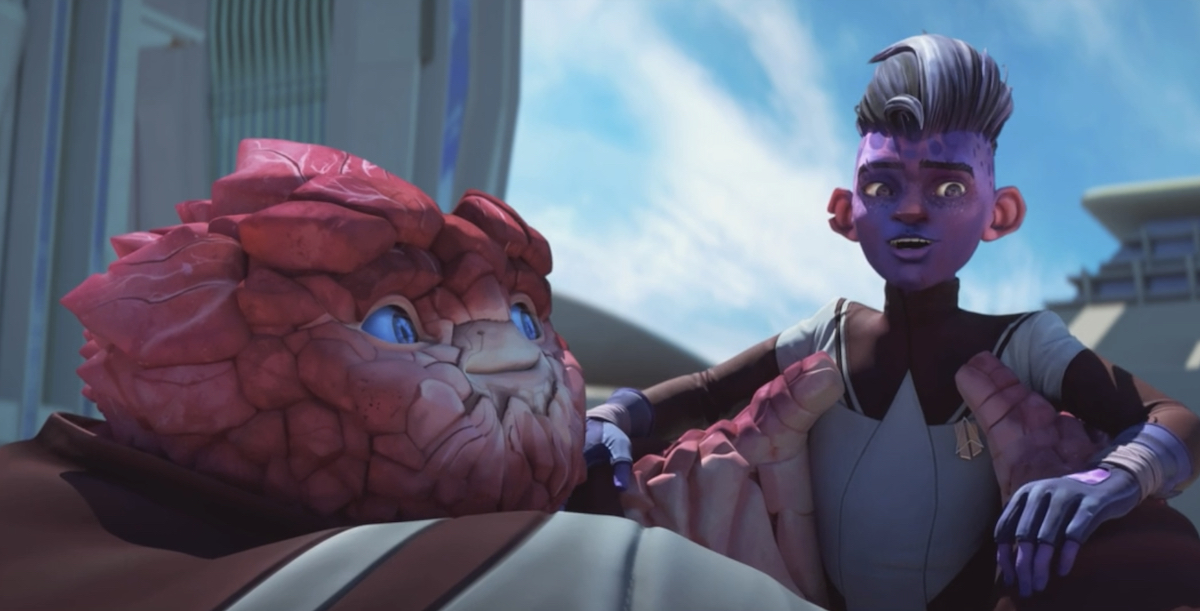 Rok-Tahk (Rylee Alazraqui) hugs Dal R'El (Brett Gray) at Starfleet HQ in San Francisco in the new clip from Star Trek: Prodigy season 2.