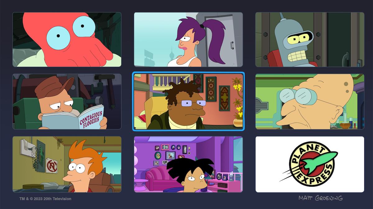 The Planet Express crew on a Zoom, feat. Amy Wong (Lauren Tom), Bender Bending Rodriguez (John DiMaggio), Hermes Conrad (Phil LaMarr), John Zoidberg, Philip J. Fry, Hubert Farnsworth (Billy West), Turanga Leela (Katey Sagal), Scruff the Janitor (David Herman), and the PlanEx logo. From Futurama season 11 episode 7, "Rage Against the Vaccine."