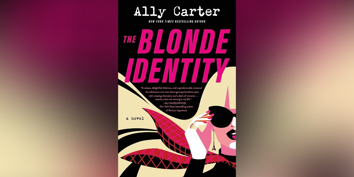 The cover of The Blonde Identity features a woman with sunglasses, flowing blonde hair and a red scarf talking on a phone.