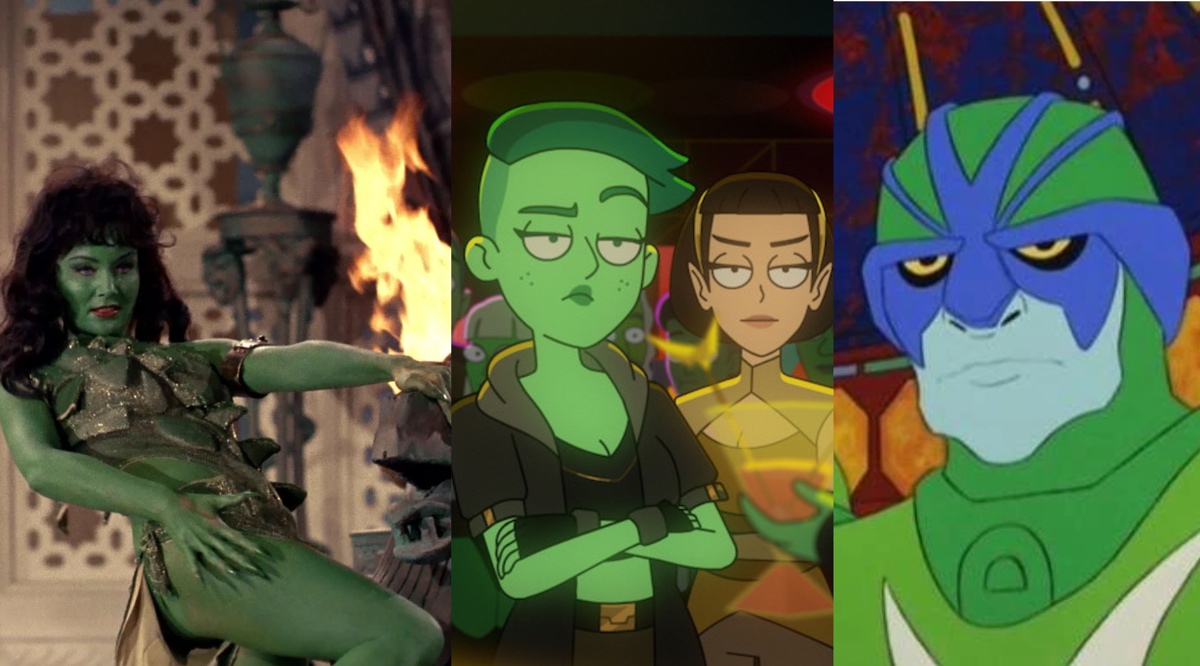 Left: An "Orion slave girl" (Susan Oliver) in TOS's "The Cage." Center: D'Vana Tendi (Noel Wells) on Star Trek: Lower Decks. Right: The Pirates of Orion from TAS.