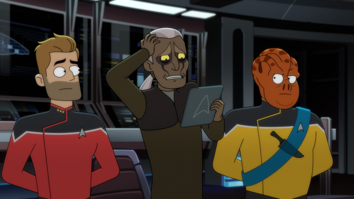 Ransom, the Voyager museum curator and Kayshon standing inside the USS Voyager while looking nervous in Star Trek: Lower Decks Season 4 Episode 1, "Twovix."