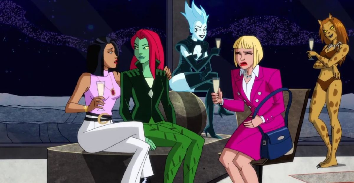 Talia al Ghul, Poison Ivy, Livewire and Veronica Cale sit at a party on the Moon while chatting and drinking. 