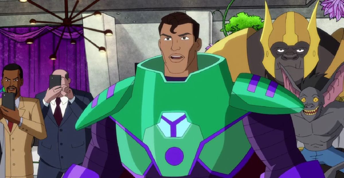 Lex Luthor wears a green and purple suit while sporting Clark Kent-like hair at a party on the Moon. 