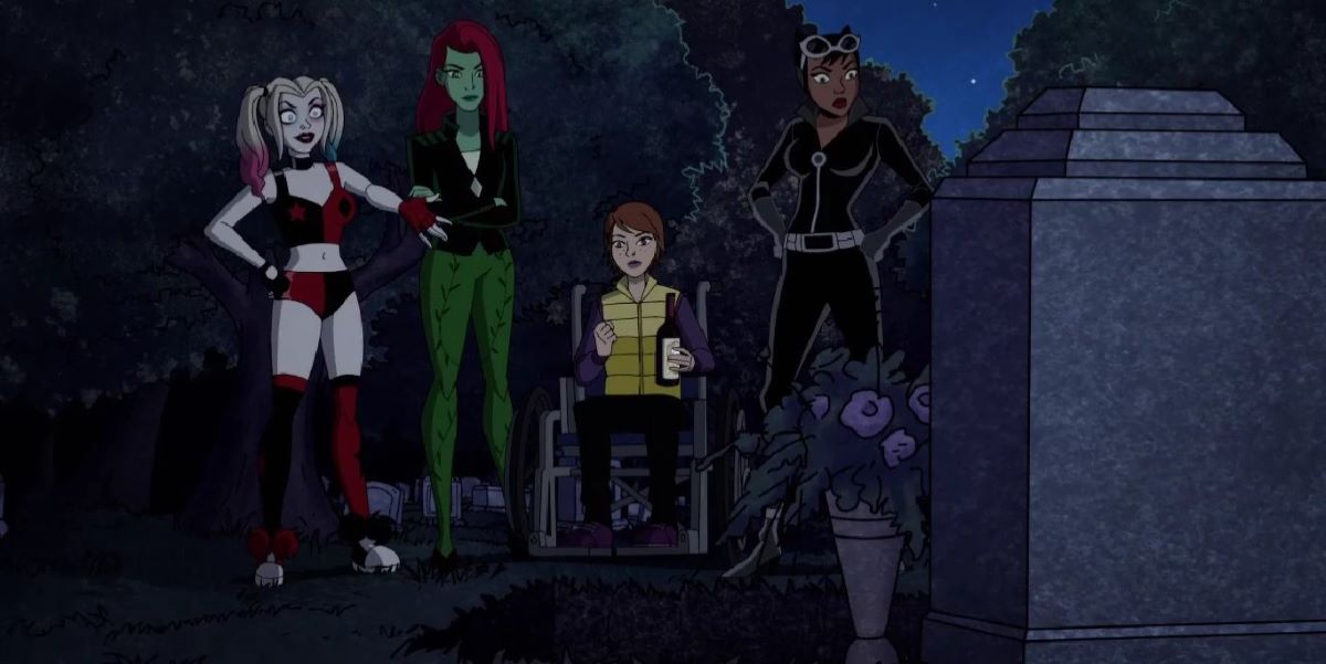 Harley, Ivy, Barbara Gordon and Catwoman are in the Gotham cemetery at night in Harley Quinn Season 4 Episode 10, "Killer's Block."