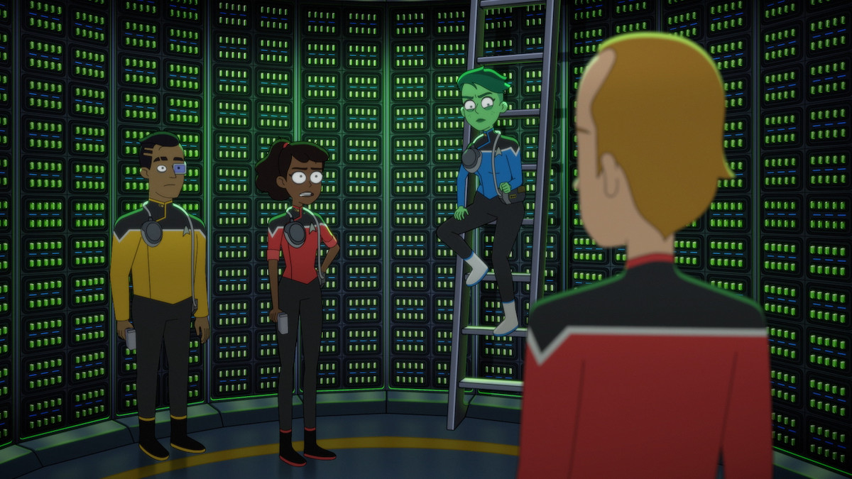 Mariner (Tawny Newsome), Tendi (Noel Wells), and Rutherford (Eugene Cordero) are told to scan chips by Dirk.