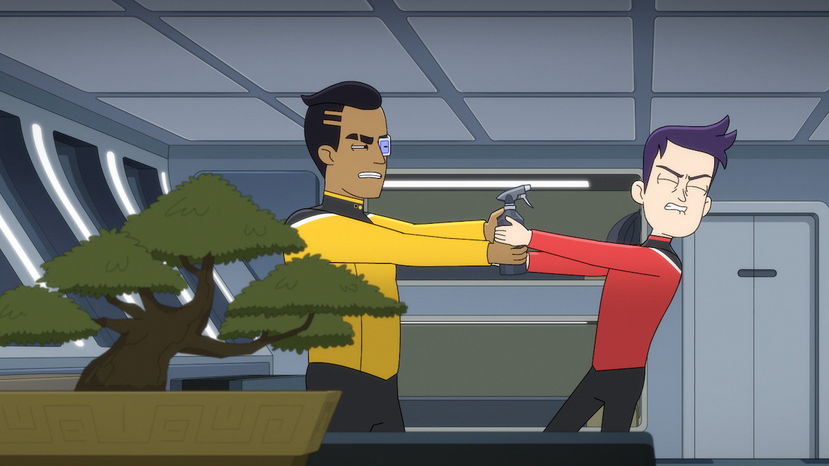 Rutherford and Boimler stand in their quarters while fighting over a water bottle to water their bonsai tree in Star Trek: Lower Decks Season 4 Episode 4, "Something Borrowed, Something Green."