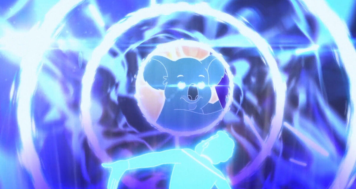 The Cosmic Koala sits in the center of a swirling vortex of blue and white energy with its eyes glowing in Star Trek: Lower Decks.