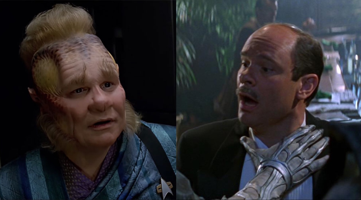 Ethan Phillips as Neelix on VOY (left) and as the holographic Maitre d' in Star Trek: First Contact (right). The Maitre d' is begin strangled by a borg drone's hand.