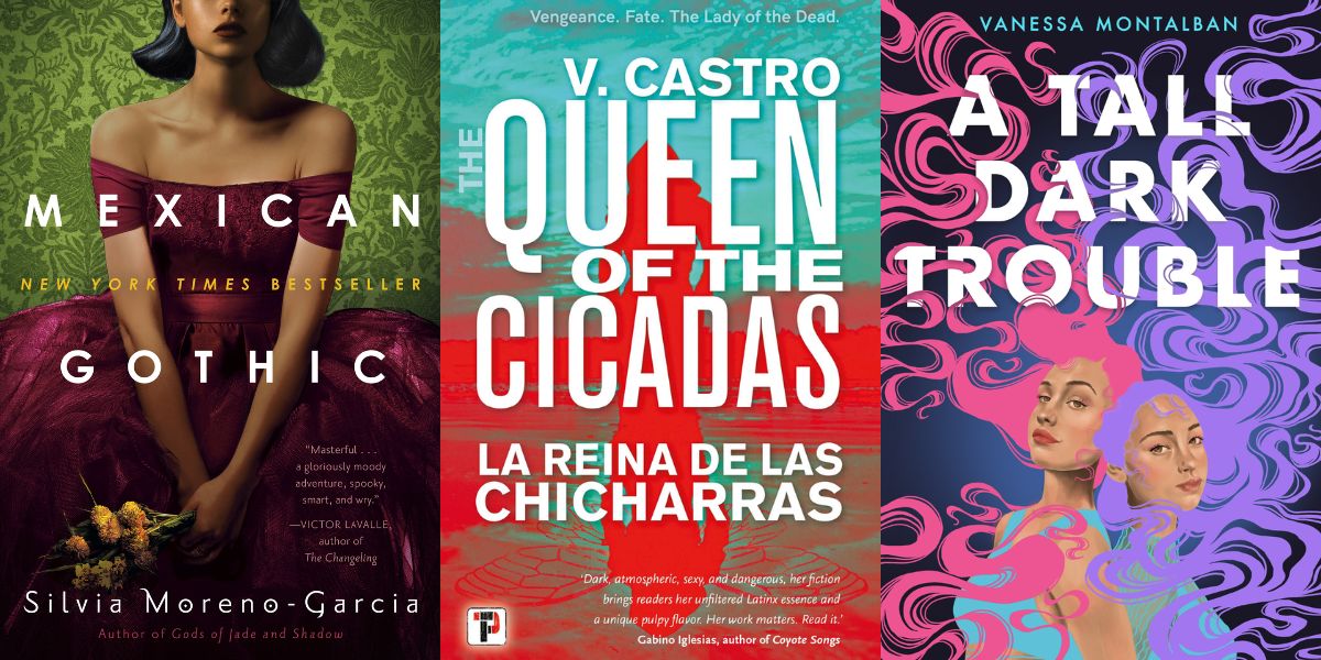 Three cover books: one with the shape of a woman in a dress, another with the shape of a woman all in red, and the last one with two girls with pink and purple hair color.