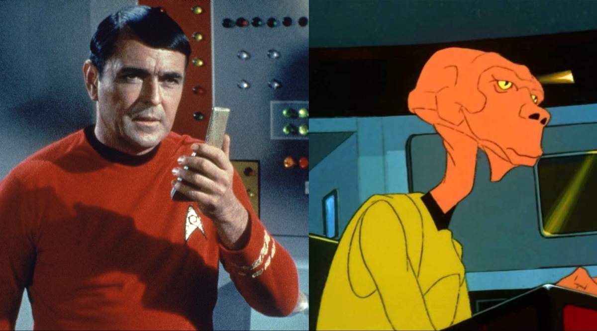 James Doohan as Montgomery "Scotty" Scott on TOS (left) and as Arex on TAS (right).