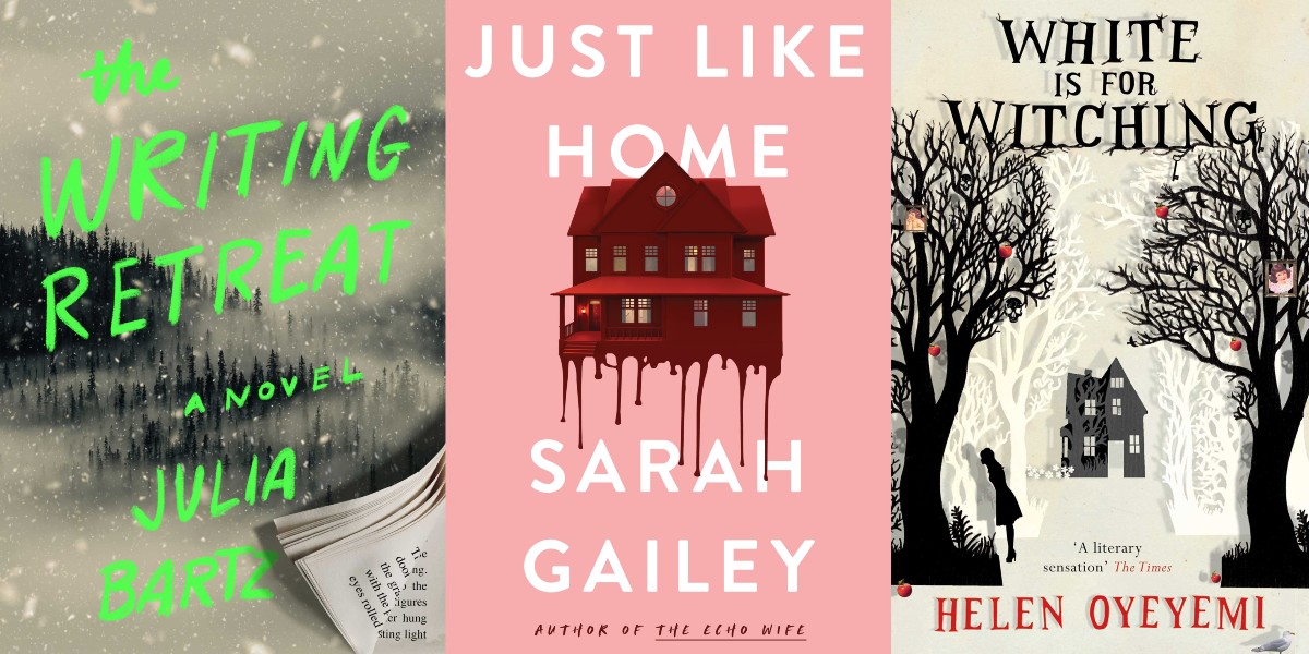 The covers of three novels featuring haunted houses: The Writing Retreat, Just Like Home, and White is for Witching