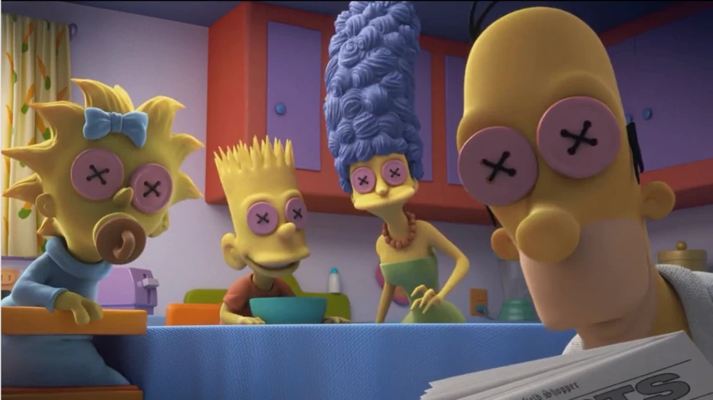 The Simpsons family looks at the camera and have buttons sewed over all of their eyes.