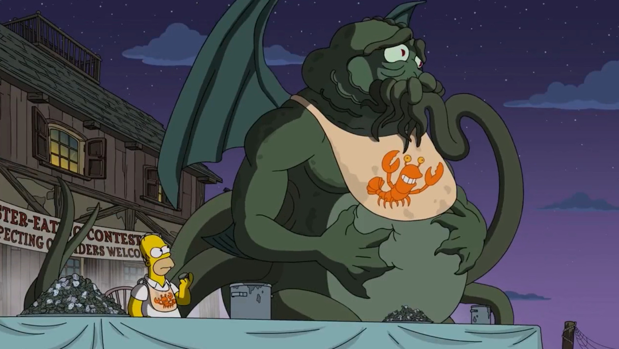 Homer sits at an oyster eating contest with Cthulhu.