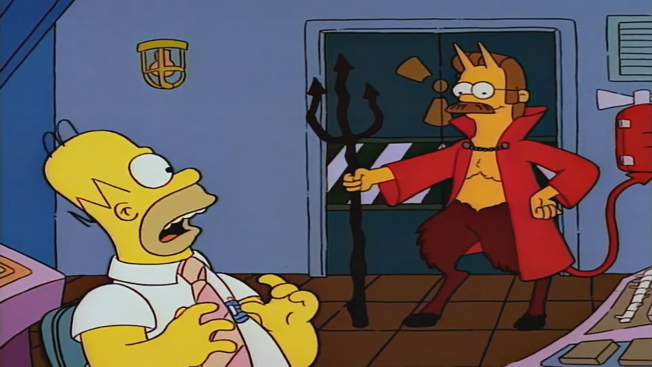 Homer talks to Flanders who is dressed as the devil.