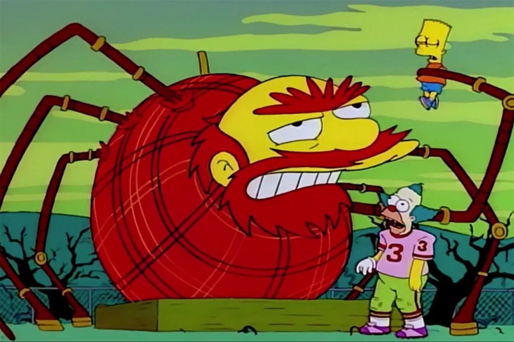 Groundskeeper Willy as a bagpipe spider holds Bart.