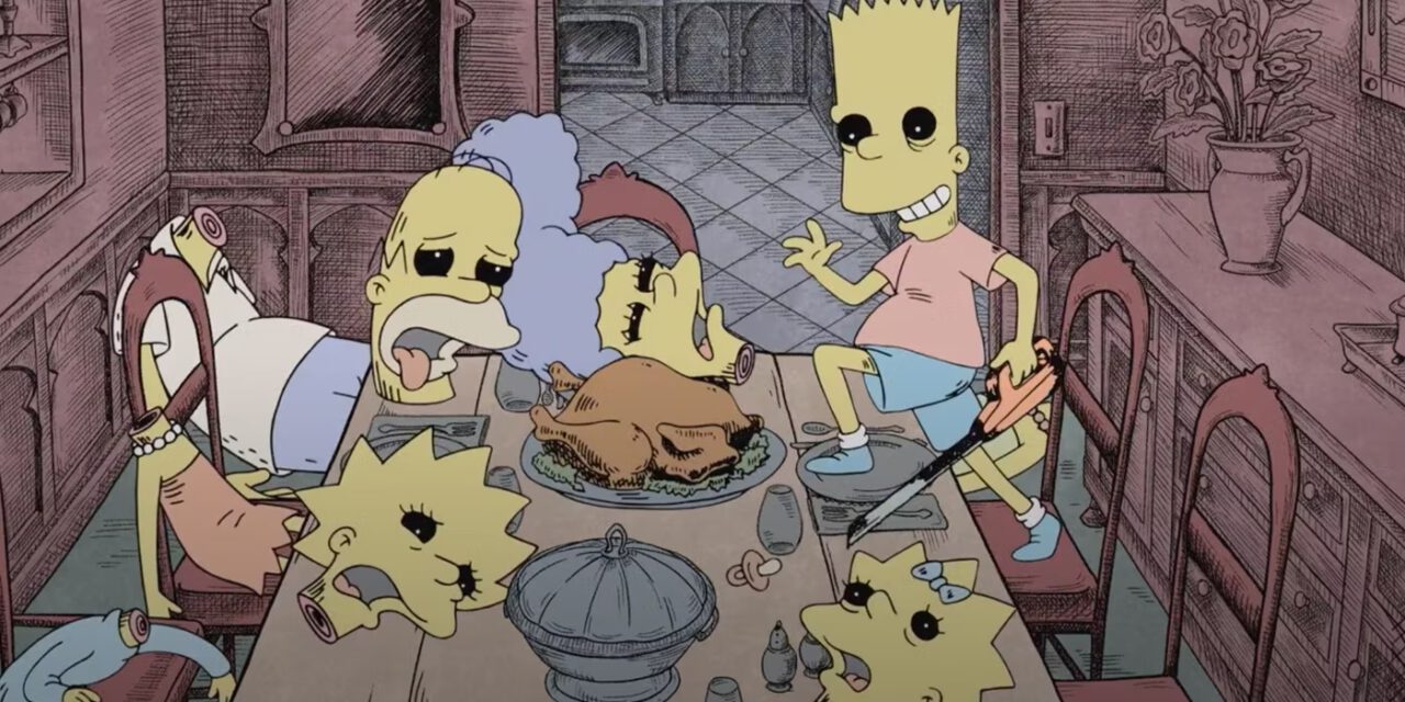 Bart stands happily over a turkey dinner and has chopped the rest of the family's heads off.