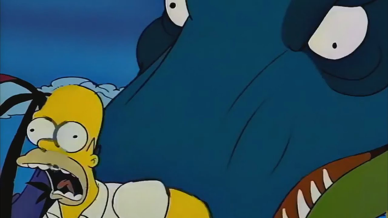 Homer screams and T Rex follows him.