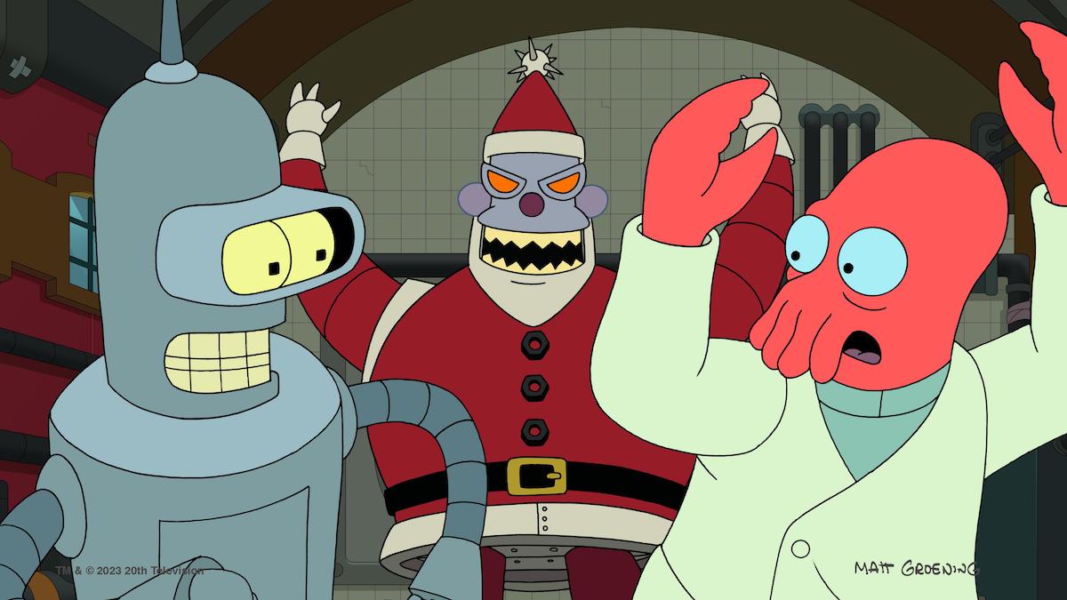 Bender (John DiMaggio) and John Zoidberg (Billy West) flee from Robot Santa (DiMaggio).
