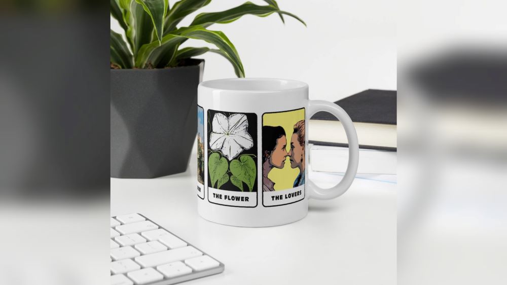 A mug inspired by the Flanaverse series, The Haunting of Bly Manor, featuring Dani and Jamie almost kissing and a moonflower.