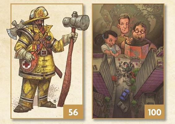 Screenshot from Everything I Need to Know I Learned from RGPs: A Player's Handbook for the Game of Life with a firefighter holding a giant hammer and a group of kids player a TTRPG.