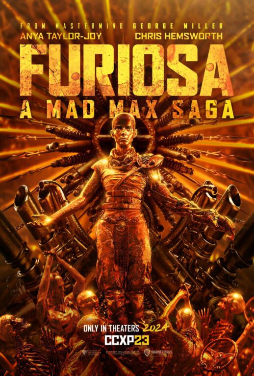Furiosa, played by Anya Taylor-Joy, stands with her arms outstretched while looking as if she's dipped in gold for the poster for "Furiosa: A Mad Max Saga."