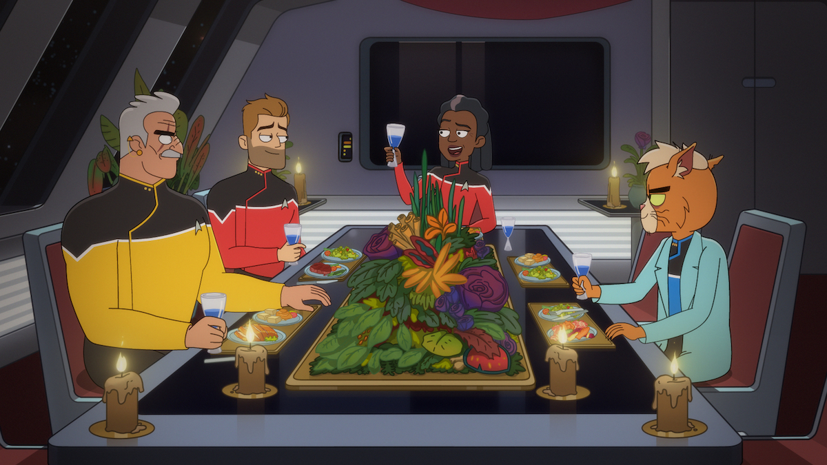 Fred Tatasciore as Lieutenant Shaxs, Jerry O'Connell as Commander, Dawnn Lewis as Captain Carol Freeman and Gillian Vigman as Dr. T'Ana. They are all seated around the Cap's Table on the Cerritos.