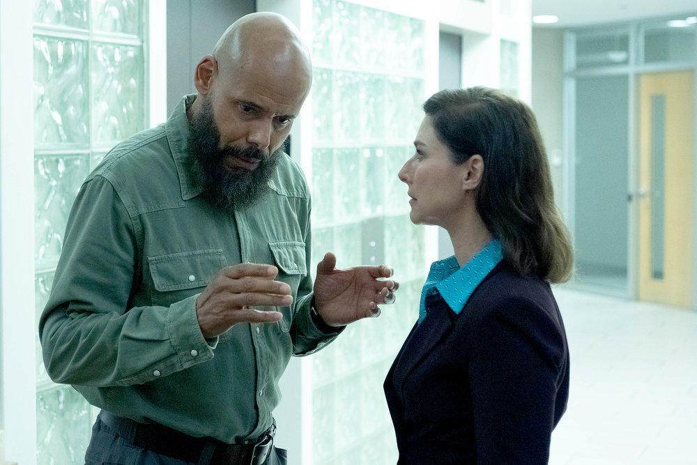 August and Rochelle stand outside a building during the day while August gestures during their conversation in SurrealEstate Season 2 Episode 5, "Art & Science."