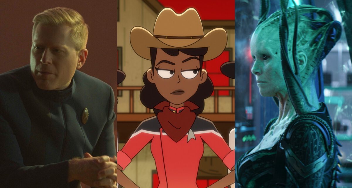 Star Trek characters: L: Anthony Rapp as Paul Stamets. C: Tawny Newsome as Beckett Mariner (wearing a cowboy hat). R: Annie Wersching as a Borg Queen.