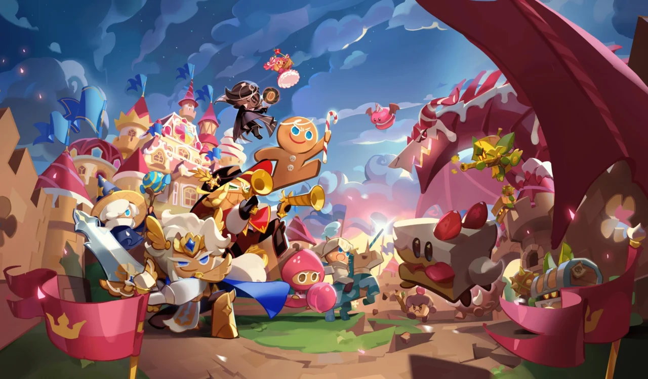 A large group of various cookies attack a dragon and other enemies in the video game Cookie Run: Kingdom.