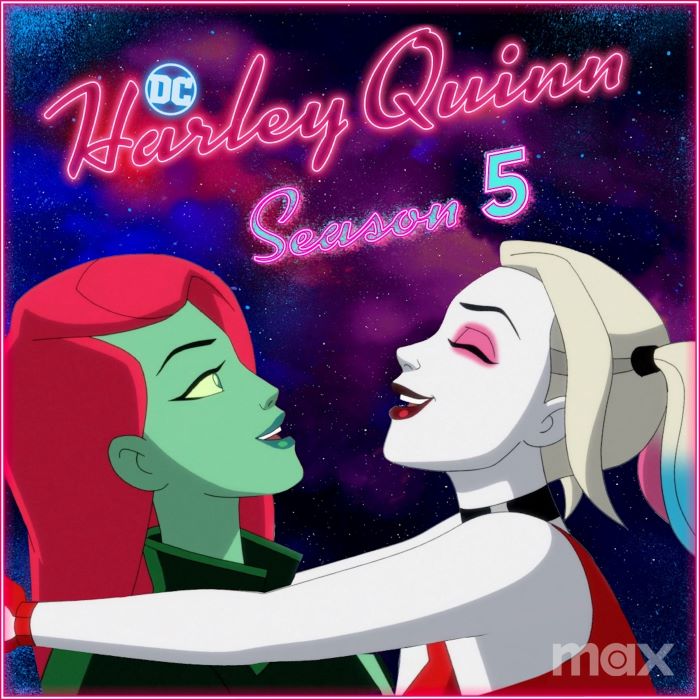 Promotional art for Harley Quinn Season 5, featuring Poison Ivy and Harley Quinn embracing and laughing on a cosmic background with the text "Harley Quinn Season 5" written in neon pink cursive above their heads.