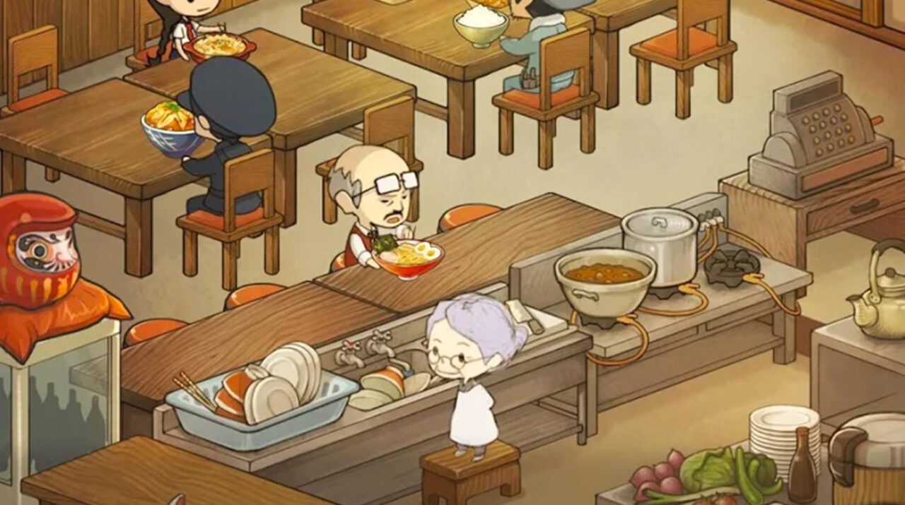 An old woman stands behind the counter of a cozy diner. A patron eats a meal at the bar in front of her in the mobile game "Hungry Hearts Diner."