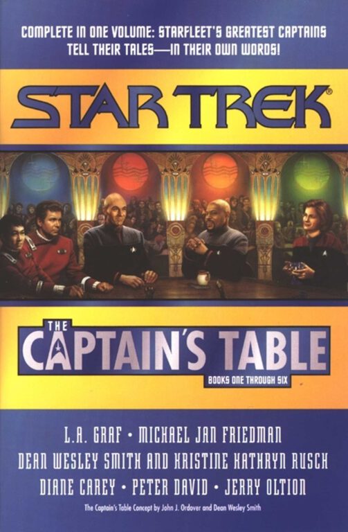 Star Trek: The Captain's Table omnibus featuring a portrait of five familiar Starfleet caps at a bar table: Sulu, Kirk, Picard, Sisko and Janeway.