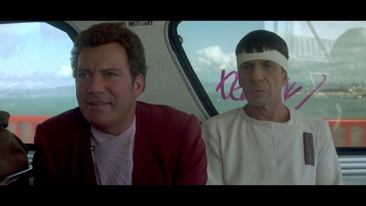 Kirk (William Shatner) and Spock (Leonard Nimoy) ask a punk to turn down his music on the bus in 1980s San Francisco.