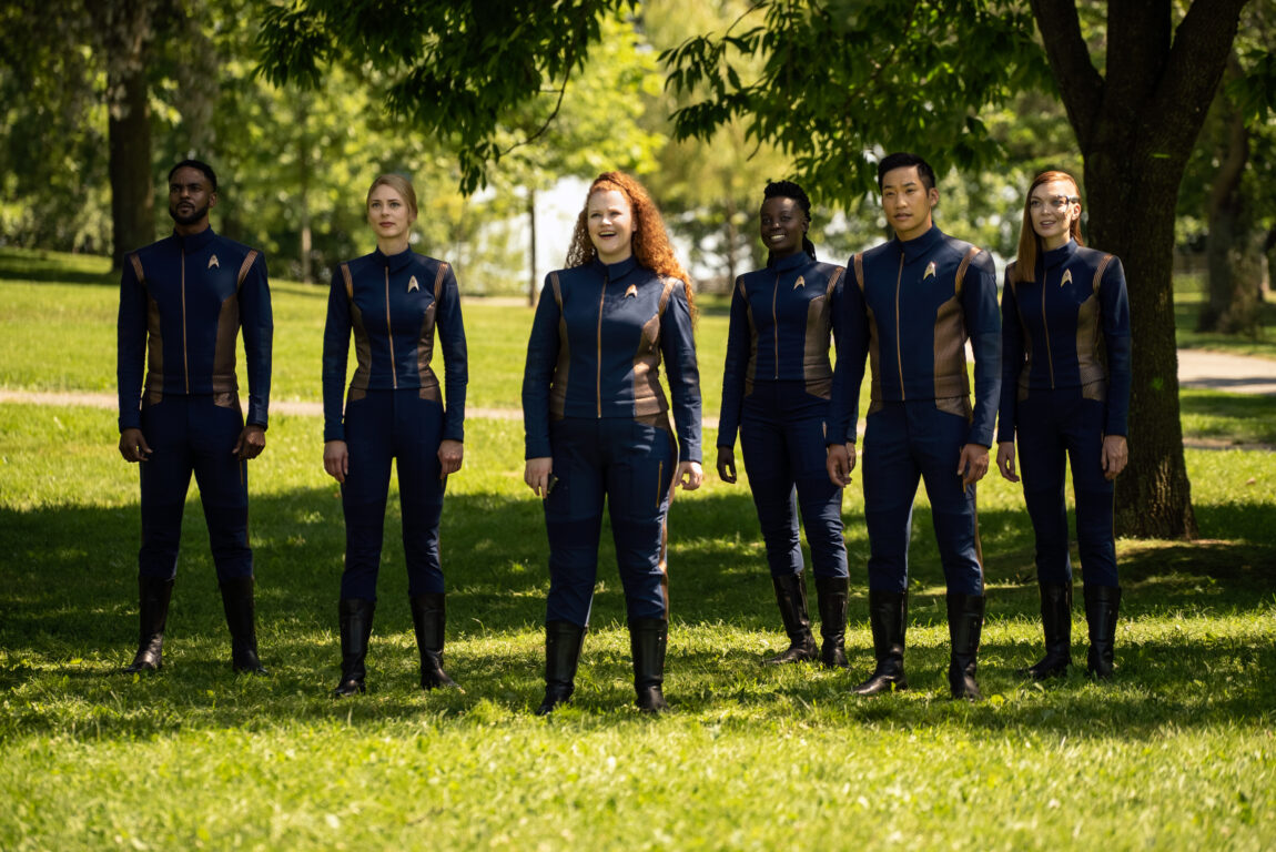 Ronnie Rowe Jr. as Lt. Price; Sara Mitich as Lt. Nilsson; Mary Wiseman as Tilly; Oyin Oladejo as Operations officer Joann Owosekun; Patrick Kyok Choon as Lt. Gen Rhys and Emily Coutts as Keyla Detmer. They are on the lawn of Starfleet Academy.
